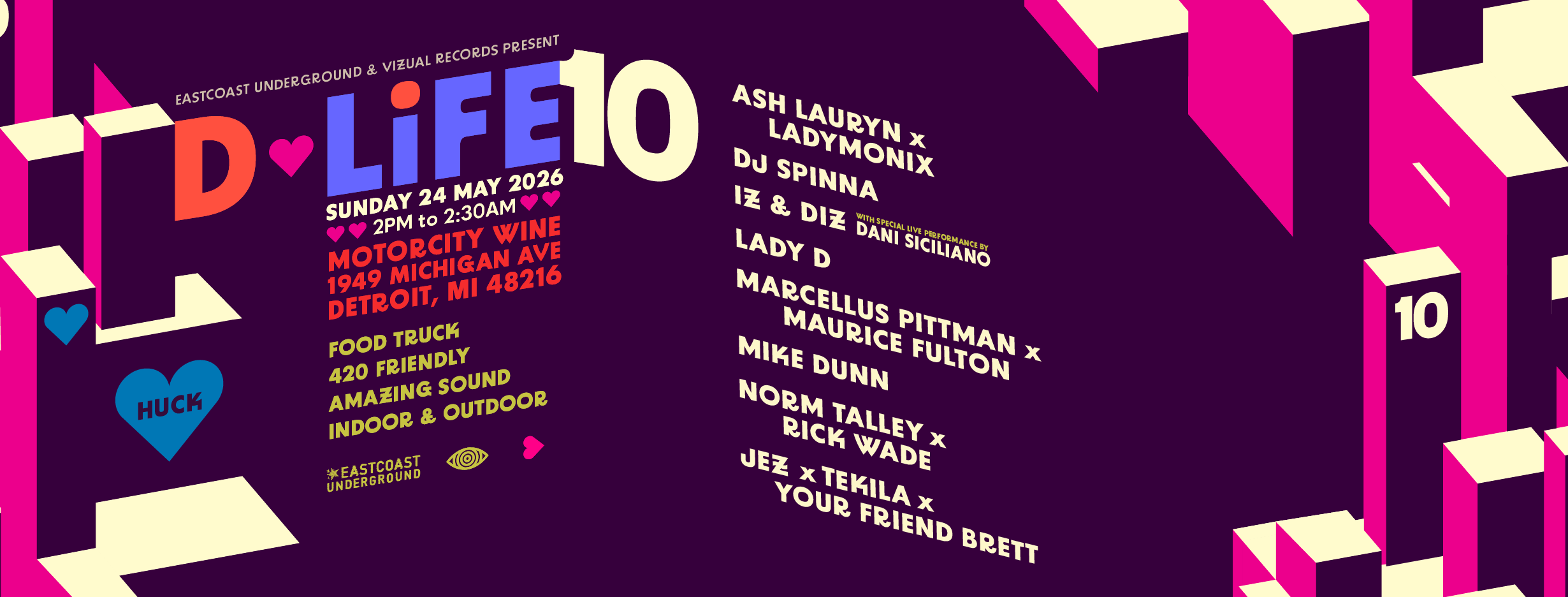 D-LiFE 10th anniversary party flyer — Sunday May 24, 2026, 2PM to 2:30AM at Motorcity Wine, 1949 Michigan Ave, Detroit MI 48216. Presented by Eastcoast Underground and Vizual Records. Lineup coming soon.