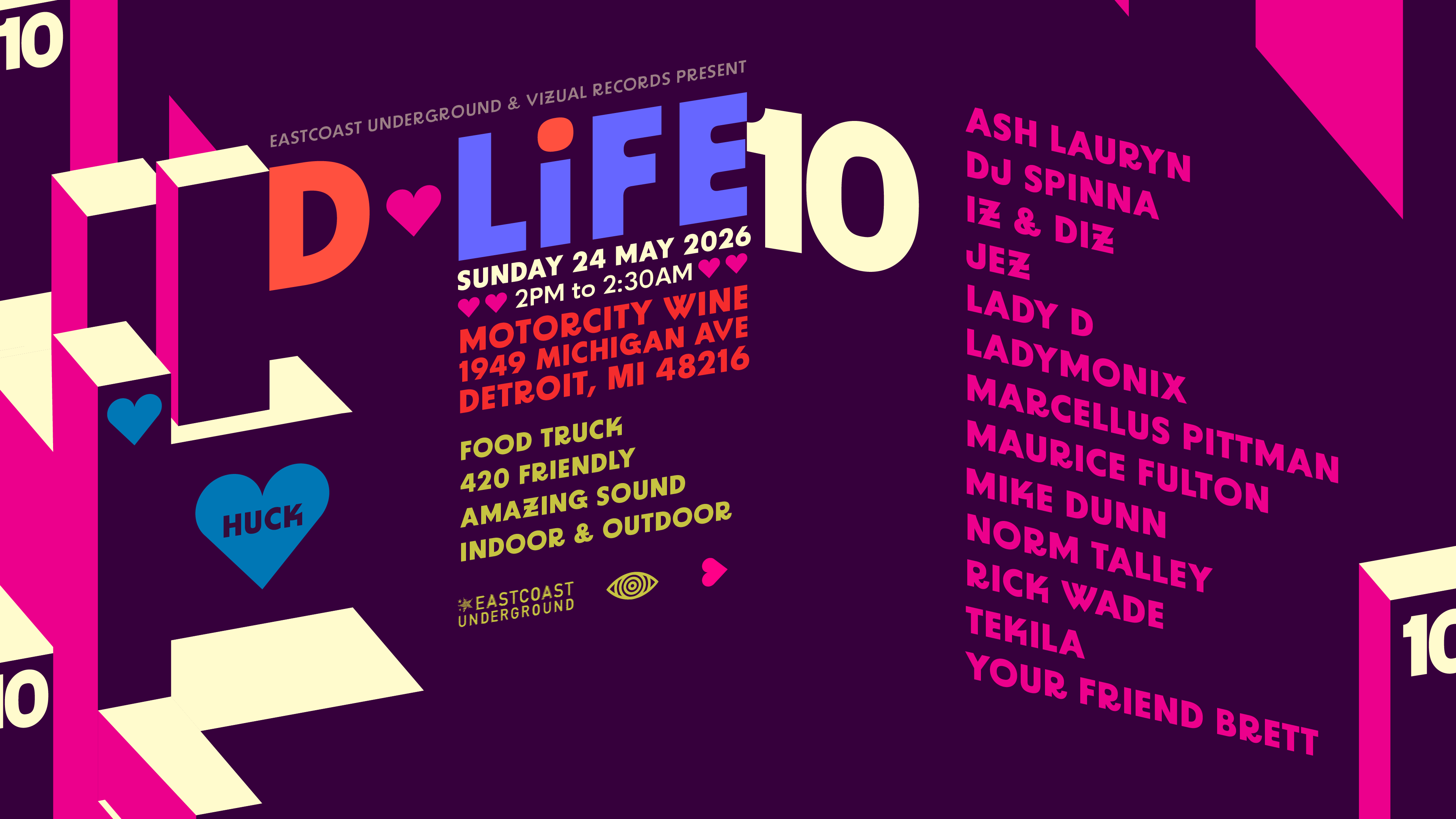D-LiFE 10th anniversary party flyer — Sunday May 24, 2026, 2PM to 2:30AM at Motorcity Wine, 1949 Michigan Ave, Detroit MI 48216. Presented by Eastcoast Underground and Vizual Records. Lineup coming soon.